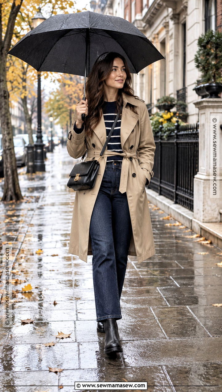 Trench Coat And Straight Jeans Rainy Fall Outfit - 20 fall outfits rainy day