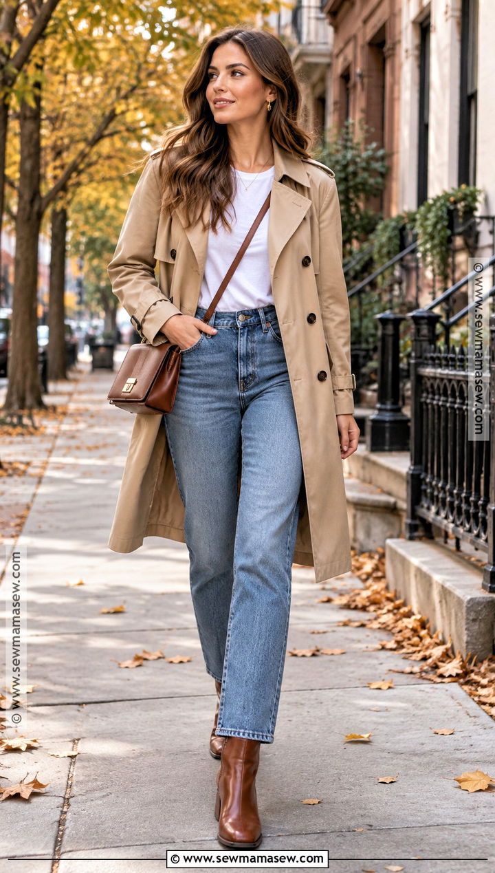 Trench Coat And Straight Leg Jeans Autumn Outfit - 20 easy autumn outfits
