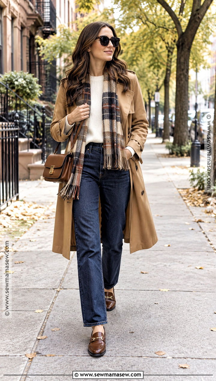 Trench Coat And Straight Leg Jeans Fall Outfit - 20 mid size fall fashion ideas