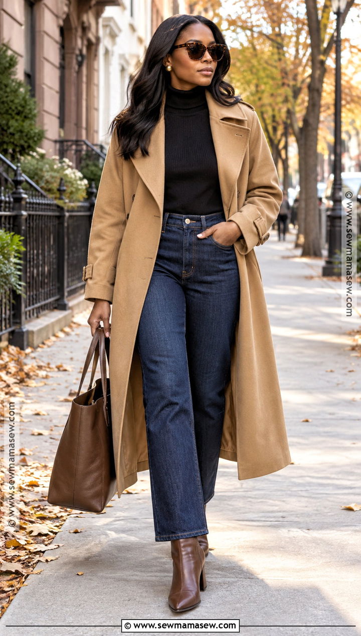 Trench Coat And Straight Leg Jeans Fall Outfit - 25 fall outfits women black for women