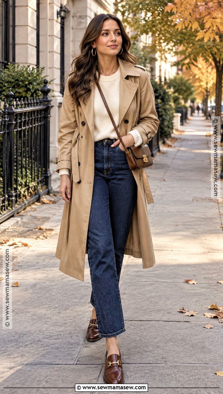 Trench Coat And Straight Leg Jeans Fall Weather Outfit - 25 fall weather outfits