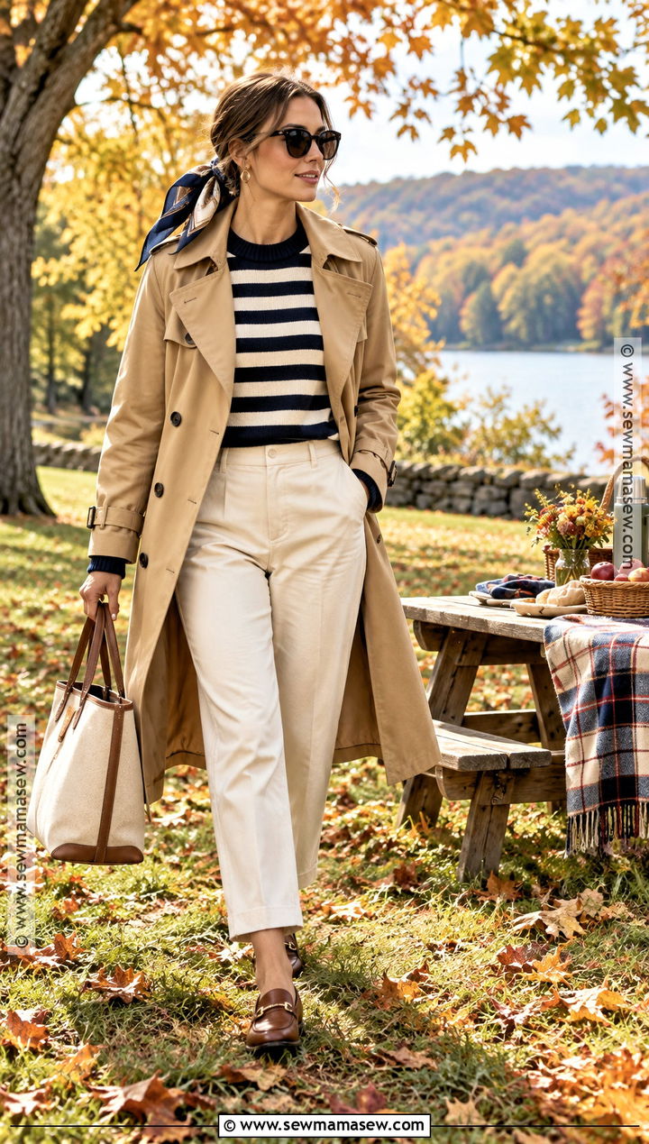 Trench Coat And Striped Sweater Picnic Outfit - 25 autumn picnic outfit ideas