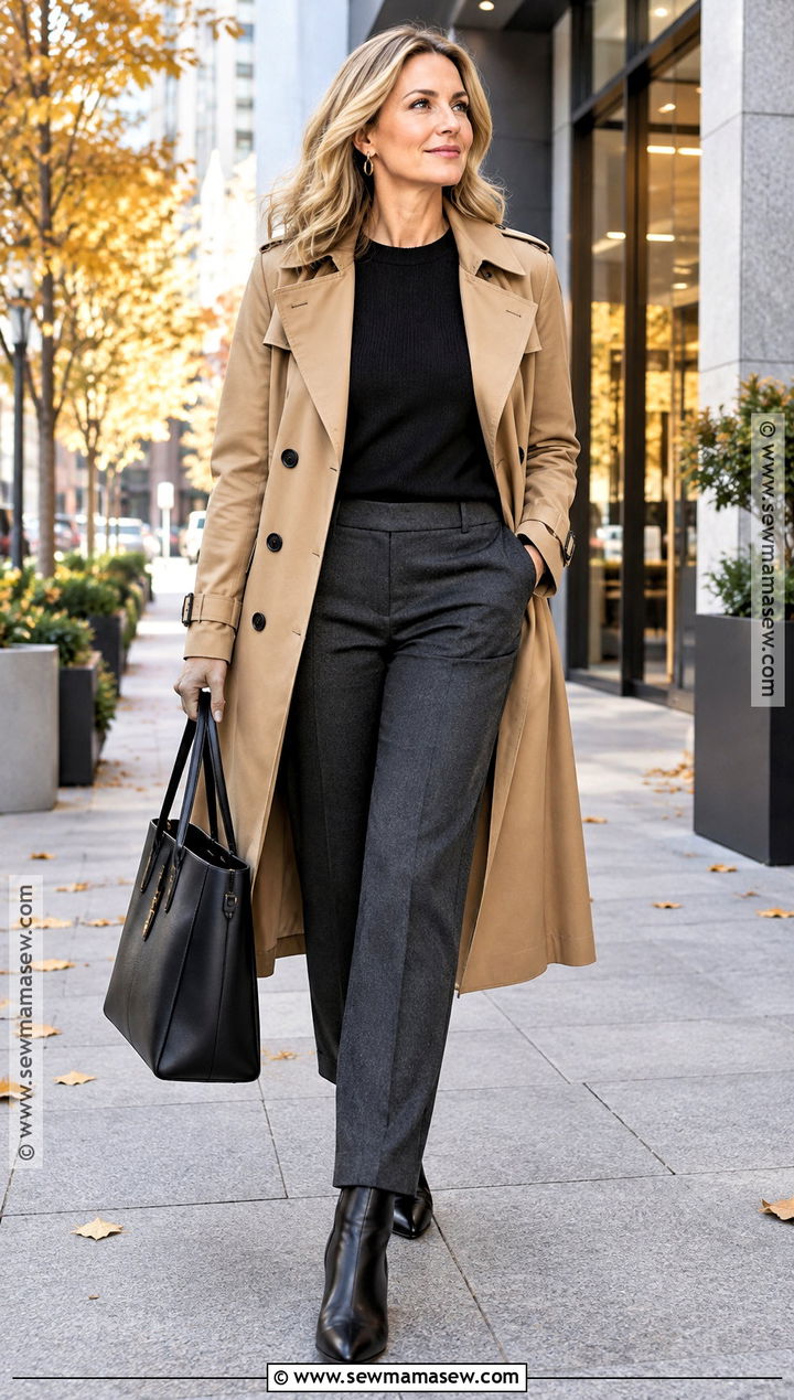 Trench Coat And Tailored Pants Fall Business Casual Outfit - 20 business casual fall outfits for women