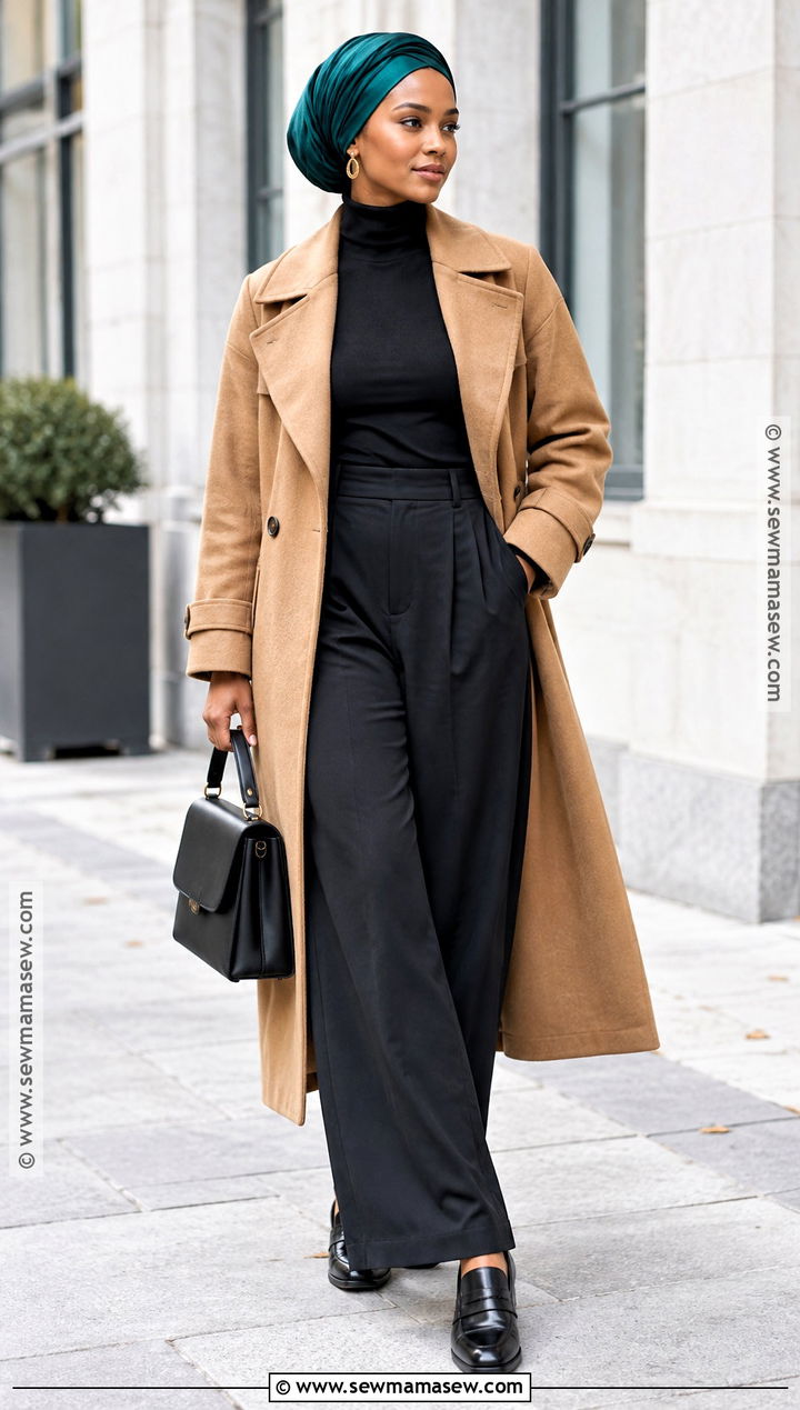 Trench Coat And Trousers With Satin Headwrap - 15 Fall Headwrap Outfit Ideas