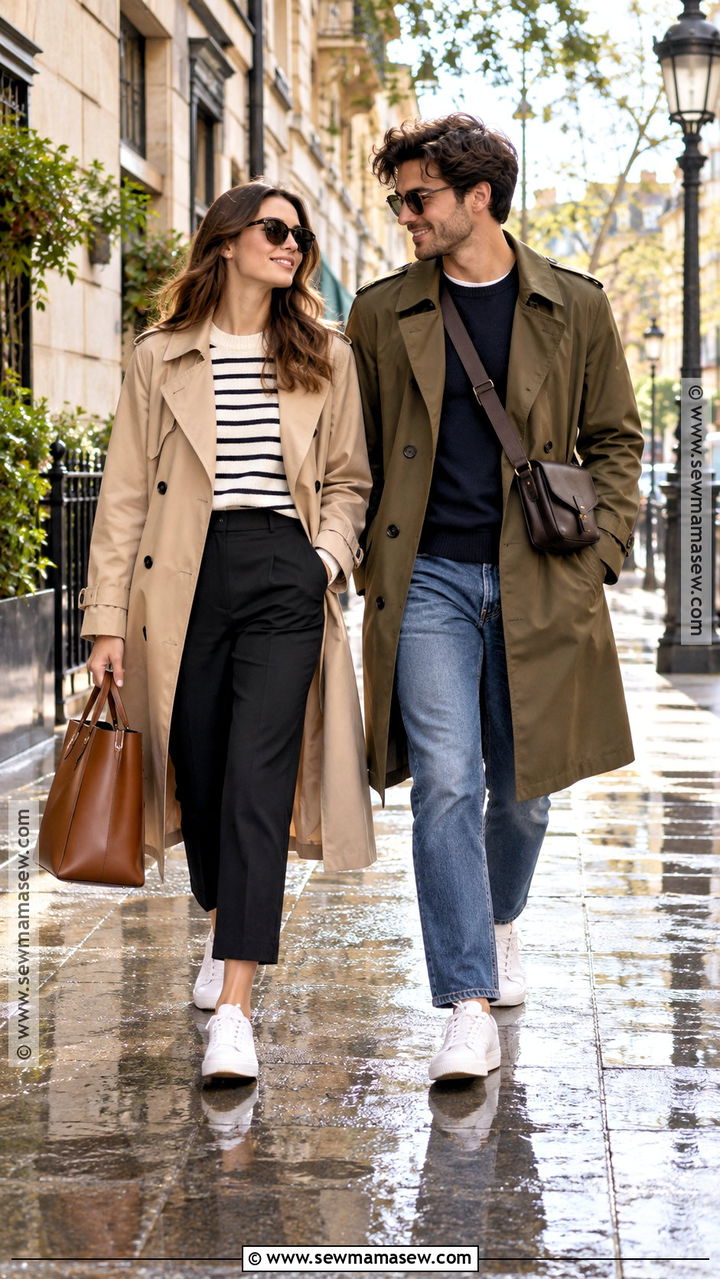 Trench Coat And White Sneakers Couple Outfit - 20 Fall Outfit Ideas for Couples