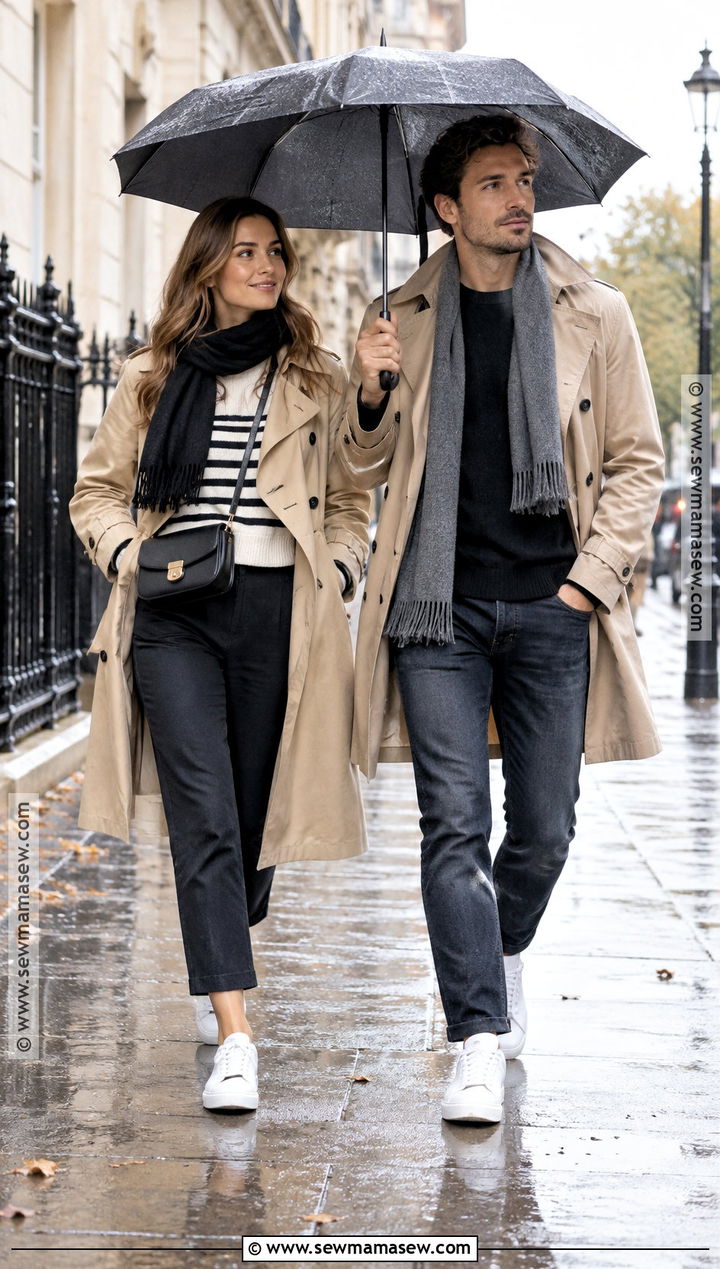 Trench Coat And White Sneakers Couple Outfit - 20 fall matching outfits for couples