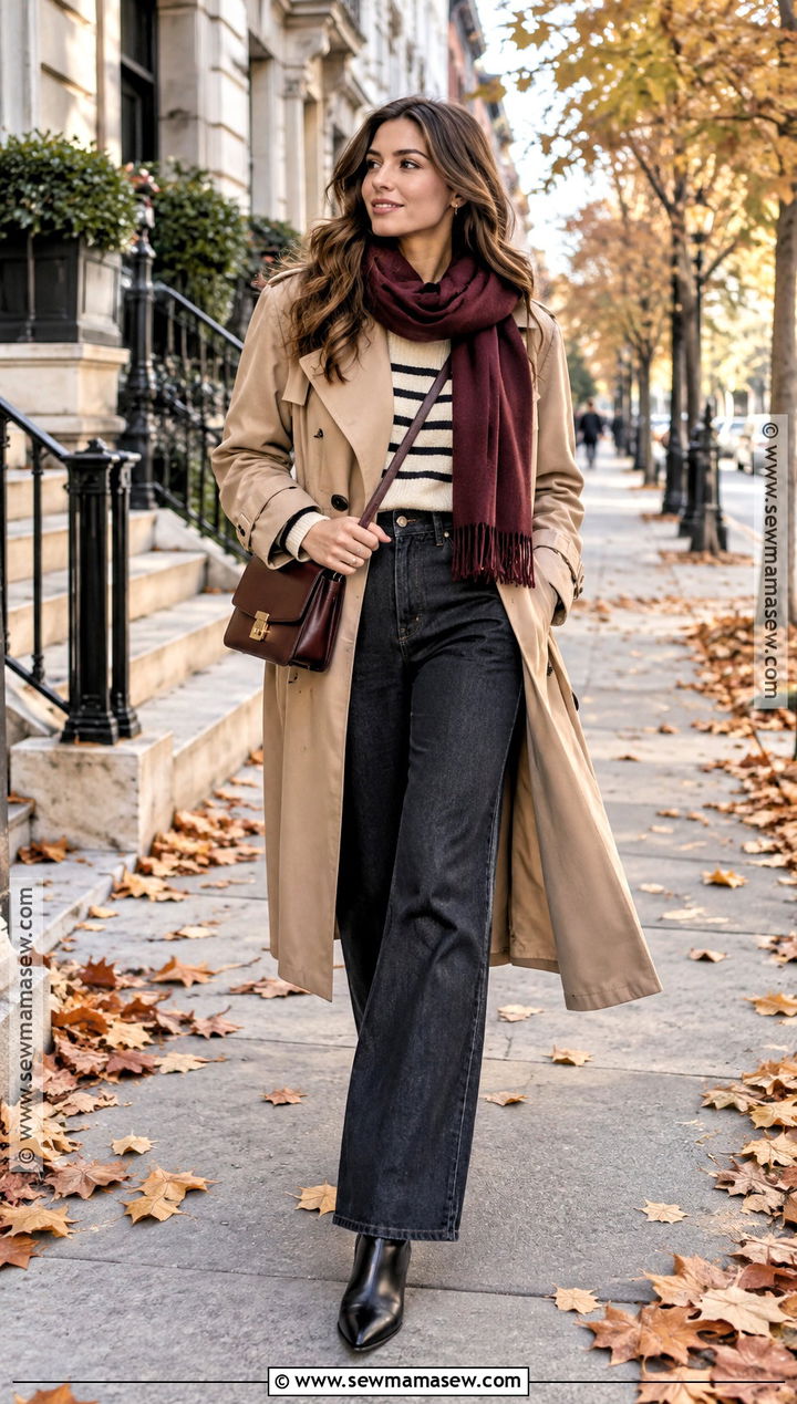Trench Coat And Wide Leg Jeans Autumn Outdoor Outfit - 20 autumn outdoor outfits