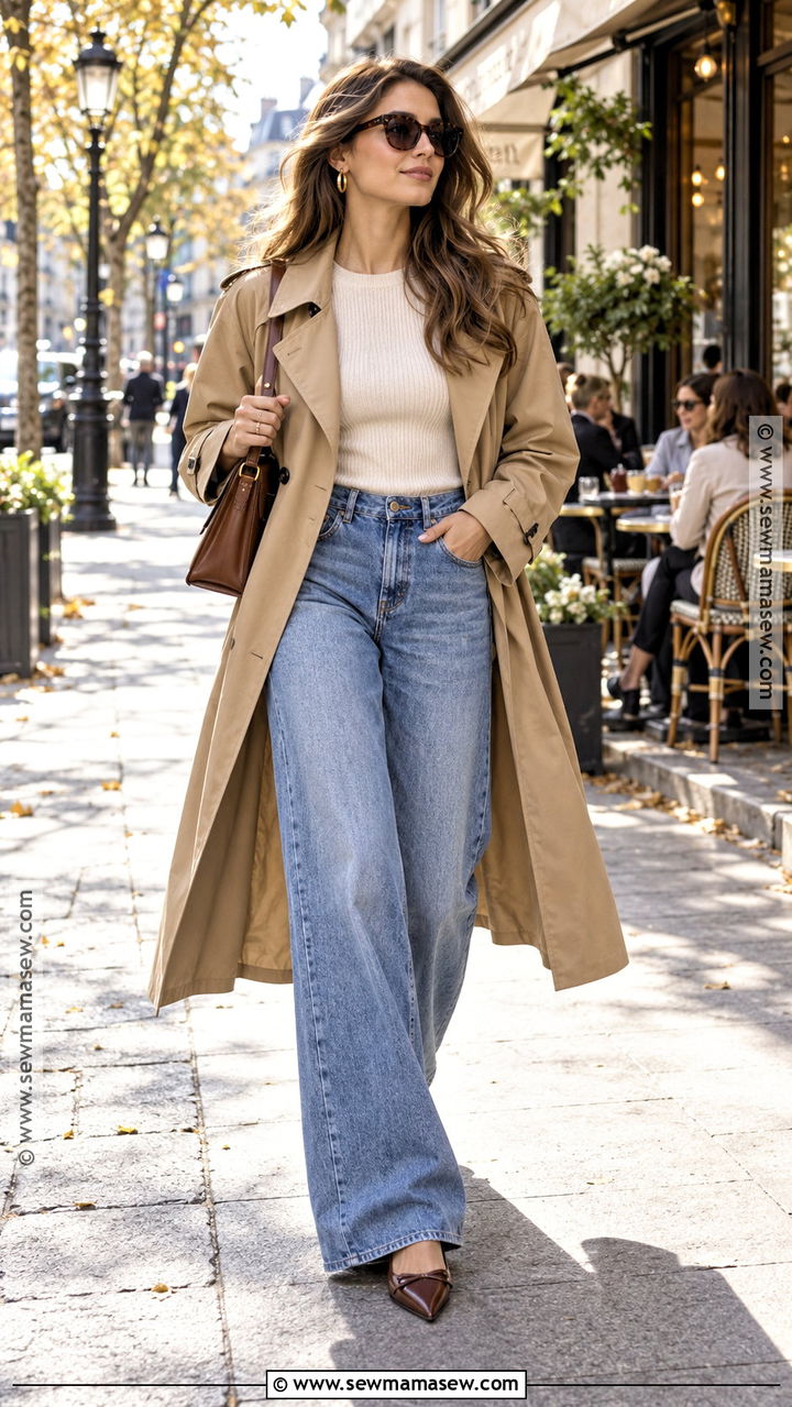 Trench Coat And Wide Leg Jeans Brunch Outfit - 20 Brunch Outfit Fall Casual Ideas