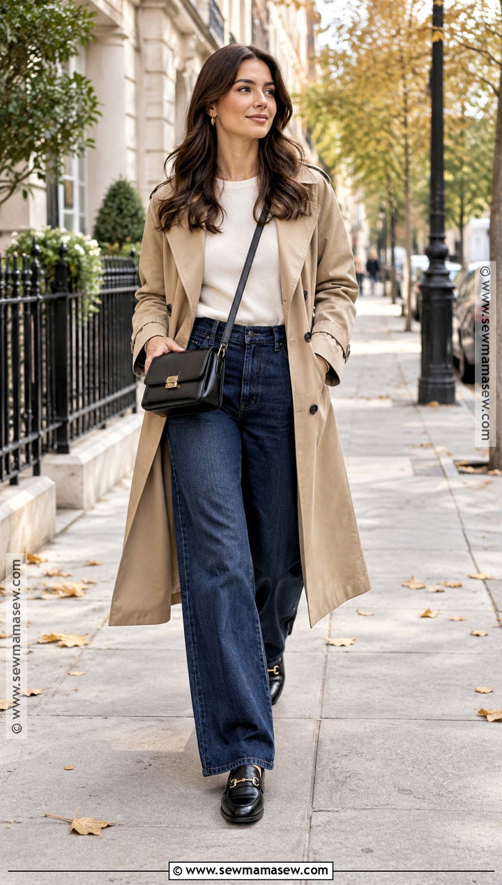 Trench Coat And Wide Leg Jeans Capsule Outfit - 25 capsule wardrobe 2026 fallwinter ideas