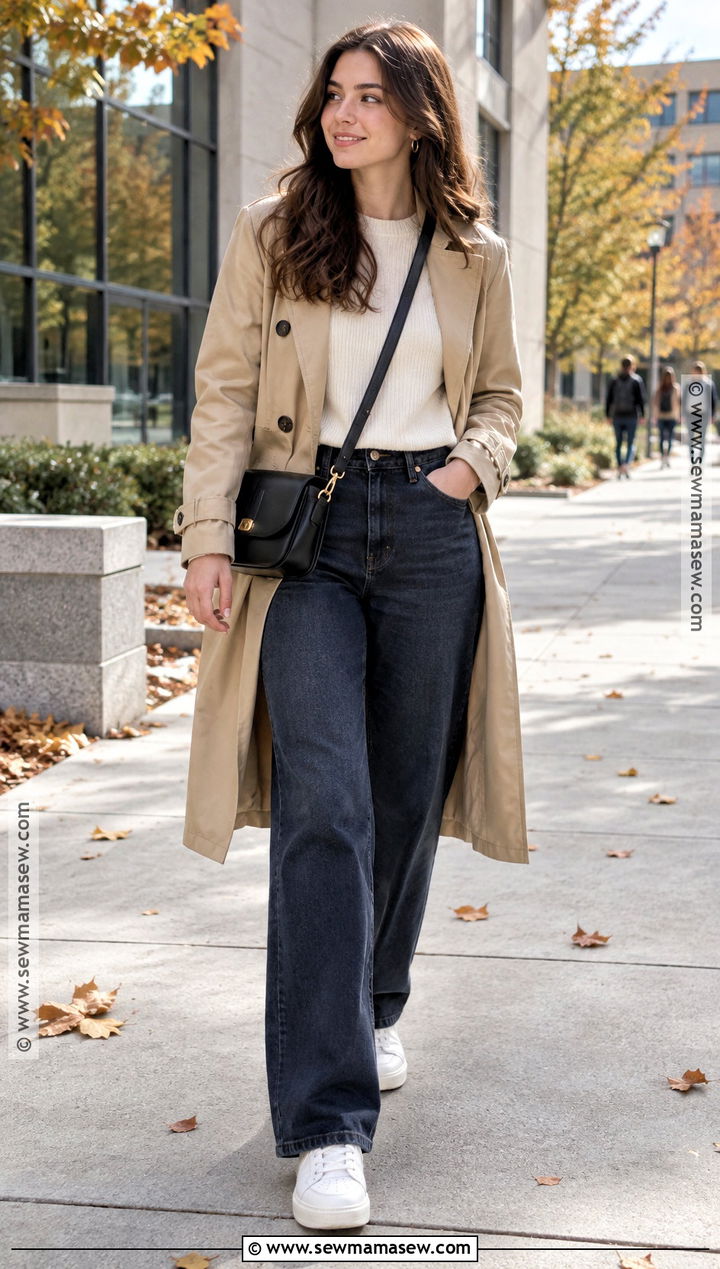 Trench Coat And Wide Leg Jeans College Outfit - 20 Autumn Outfits For College