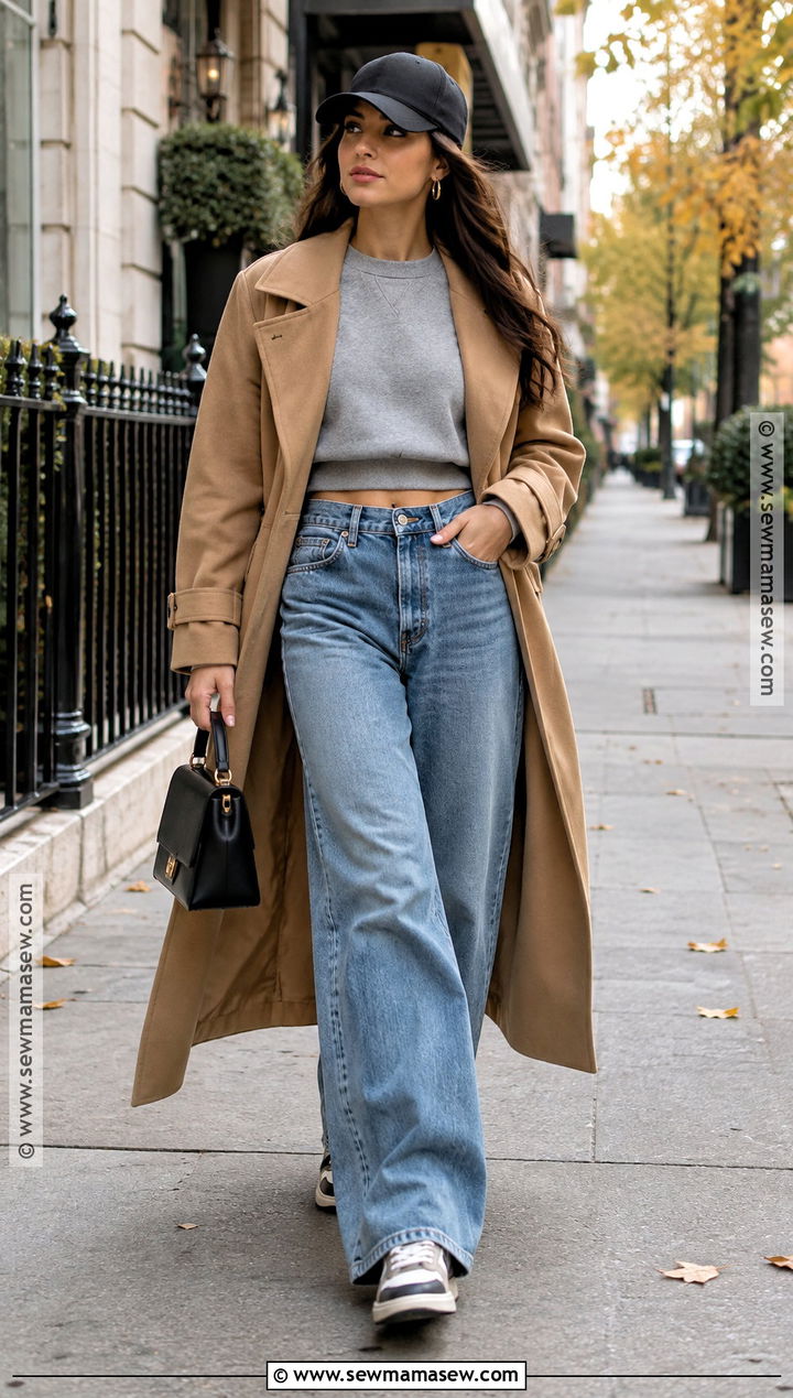 Trench Coat And Wide Leg Jeans Fall Baddie Outfit - 20 chill baddie outfits fall