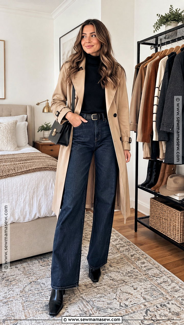 Trench Coat And Wide Leg Jeans Fall Outfit - 15 Fall Fashion Clothing Rack Ideas
