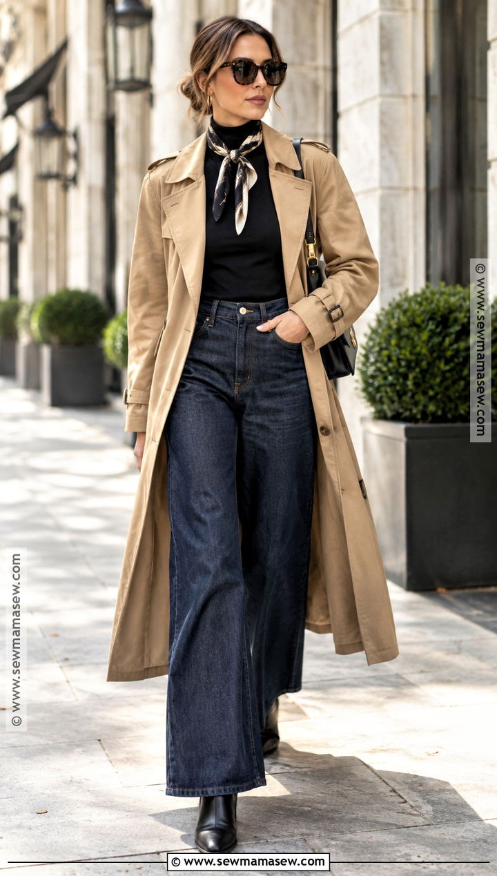 Trench Coat And Wide Leg Jeans Fall Outfit - 20 outdoor fall outfits