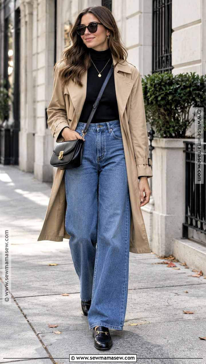 Trench Coat And Wide Leg Jeans Outfit - 15 Fall Fashion Wide Leg Jeans