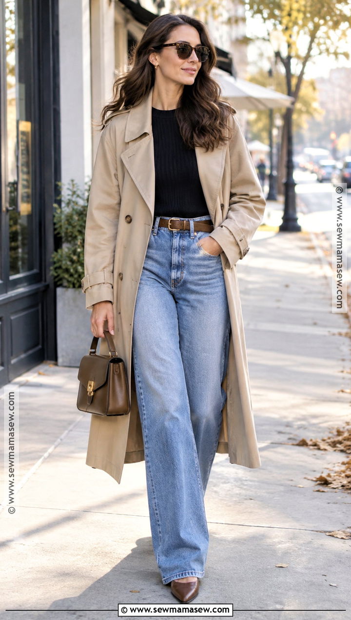 Trench Coat And Wide Leg Jeans Outfit - 20 first date outfit autumn ideas