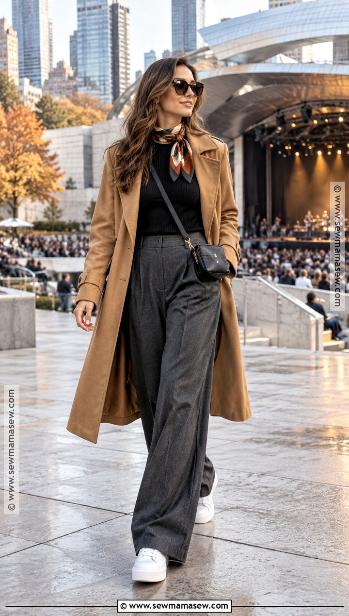 Trench Coat And Wide Leg Pants Concert Outfit - 20 outdoor concert outfit fall ideas