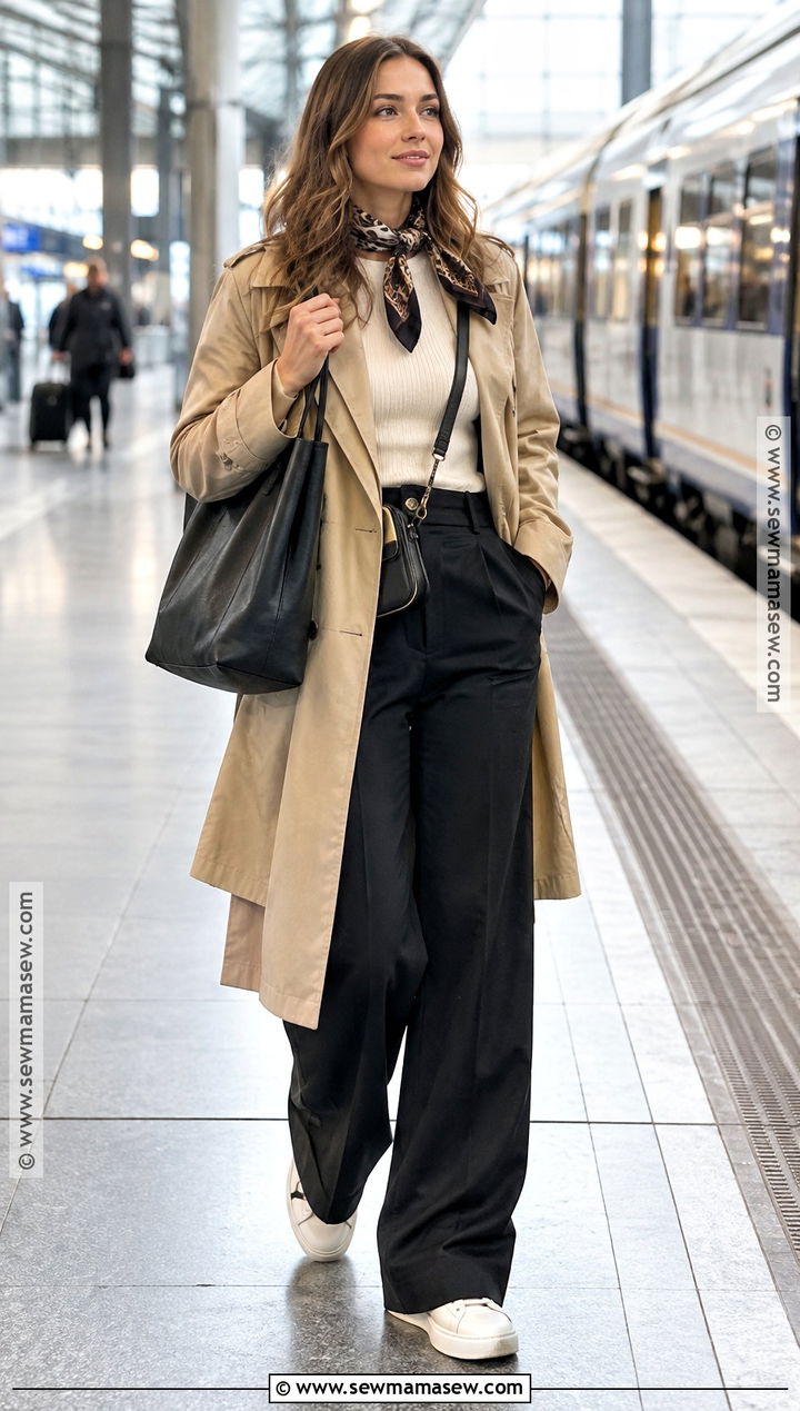 Trench Coat And Wide Leg Pants Fall Travel Outfit - 15 Cute Travel Outfits Fall