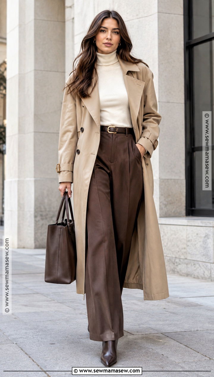 Trench Coat And Wide Leg Trousers Autumn Outfit - 20 Outfit Ideas Autumn Aesthetic