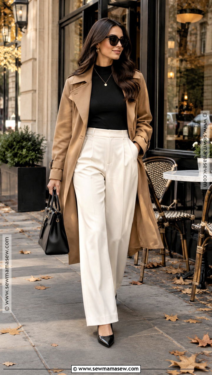Trench Coat And Wide Leg Trousers Coffee Date Outfit - 15 coffe date autumn outfit ideas