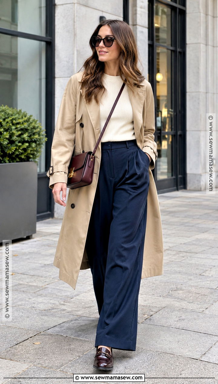 Trench Coat And Wide Leg Trousers Fall Outfit - 15 Fall 23 Street Style Ideas