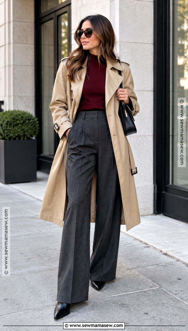 Trench Coat And Wide Leg Trousers Outfit - 25 autumn lookbook ideas