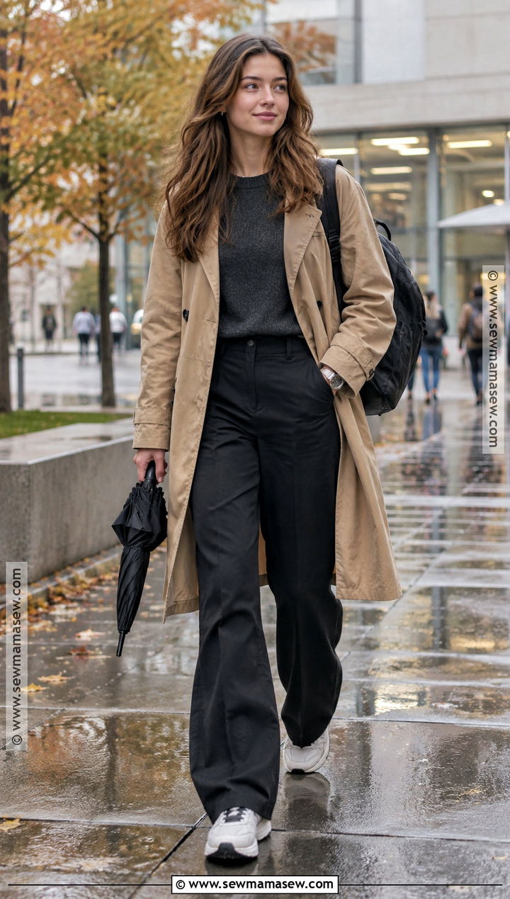 Trench Coat And Wide Leg Trousers School Outfit - 20 fall outfit school ideas