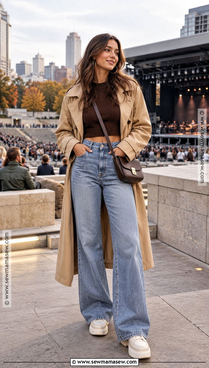 Trench Coat Cropped Sweater Wide Leg Jeans Outfit - 15 fall outside concert outfit ideas