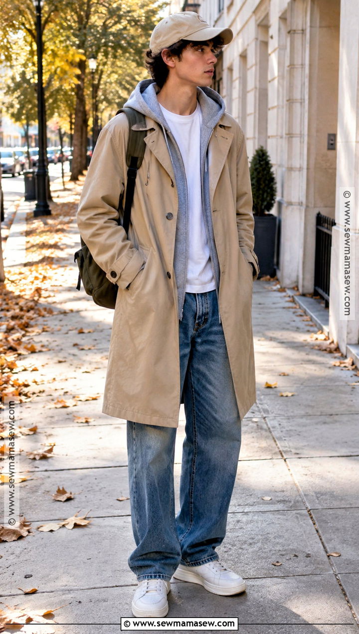 Trench Coat Fall Outfit With A Hoodie And Jeans - 20 teenage fall outfits