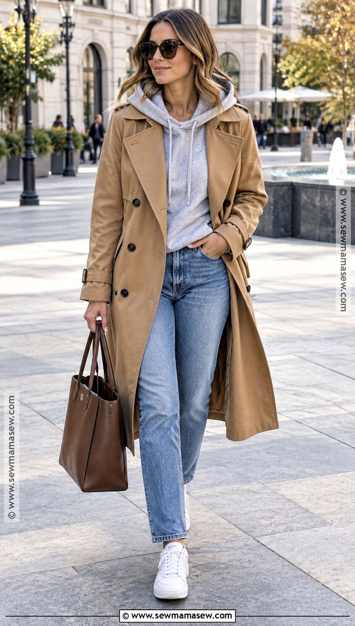 Trench Coat Fall Outfit With A Hoodie - 25 effortless fall outfits
