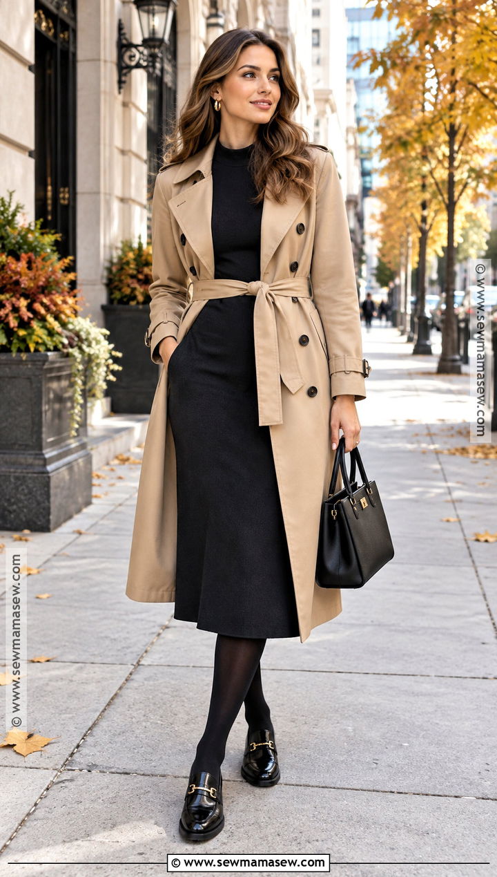 Trench Coat Fall Outfit With Black Dress - 25 classic fall outfits