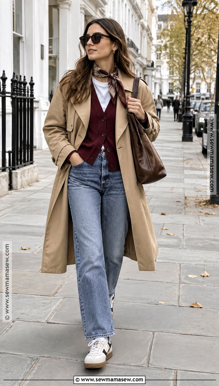 Trench Coat Fall Outfit With Cardigan And Jeans - 20 Cozy Fall Fashion Ideas