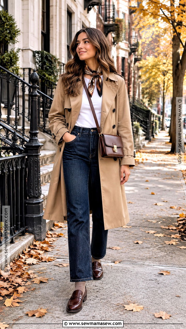 Trench Coat Fall Outfit With Straight Leg Jeans - 15 cool day outfit fall ideas