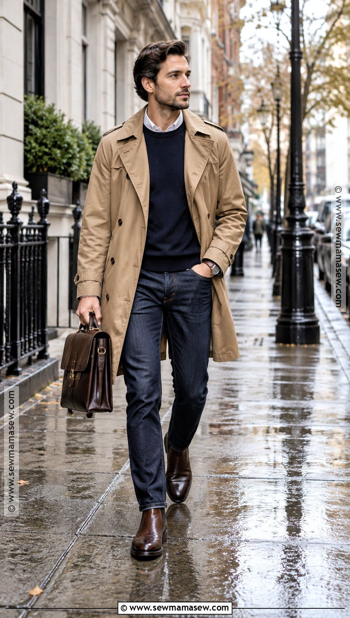 Trench Coat Fall Outfit With Sweater And Dark Jeans - 15 Fall Looks for Men
