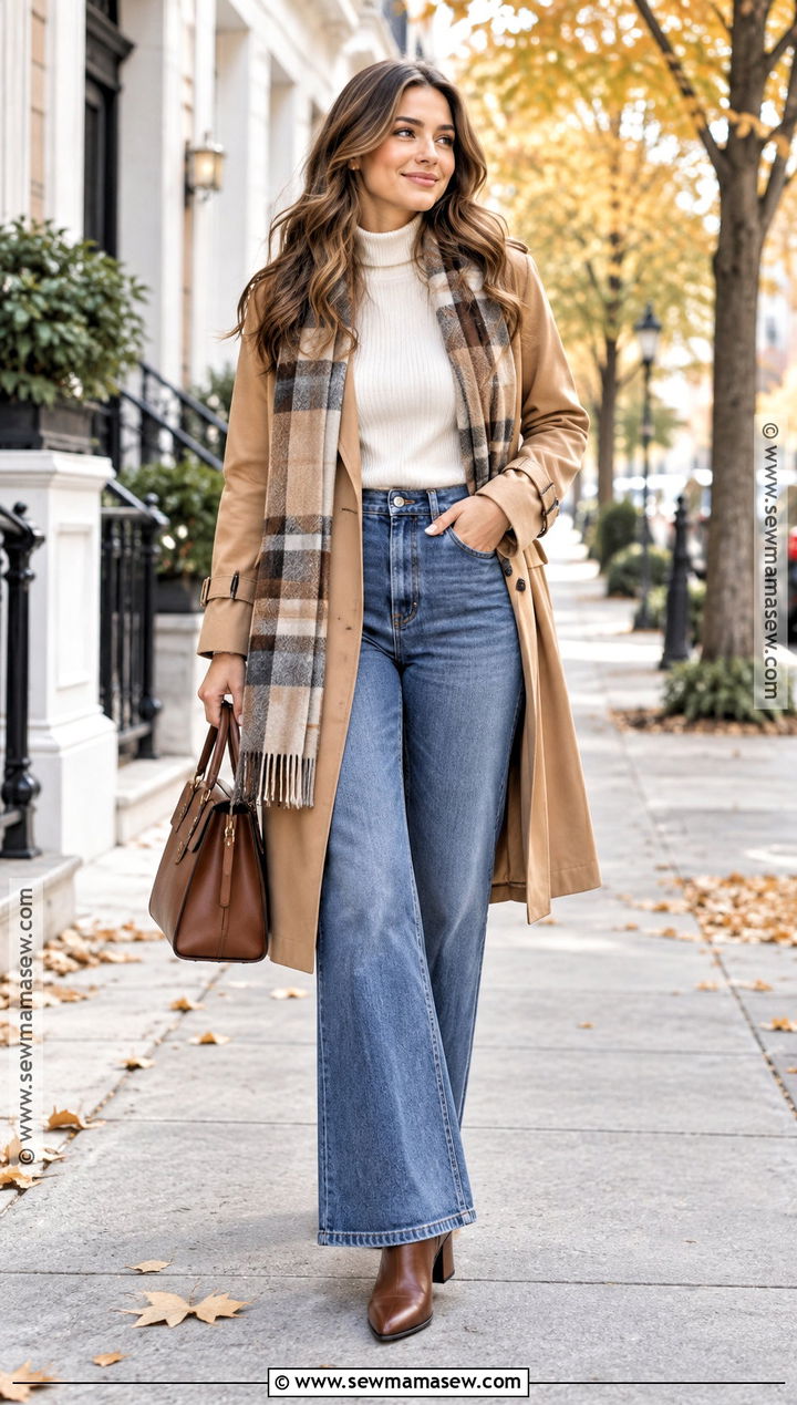 Trench Coat Fall Outfit With Wide Leg Jeans - 20 warm fall outfits for women