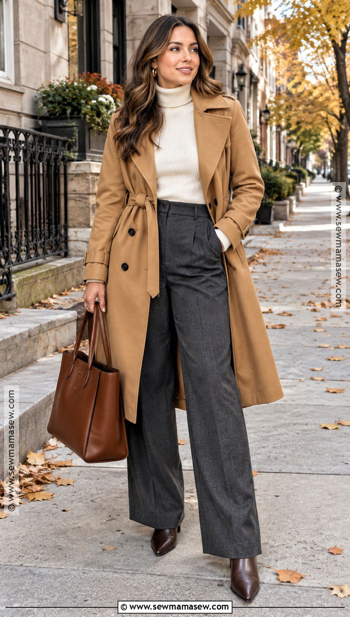 Trench Coat Fall Outfit With Wide Leg Trousers - 20 Sophisticated Fall Outfits