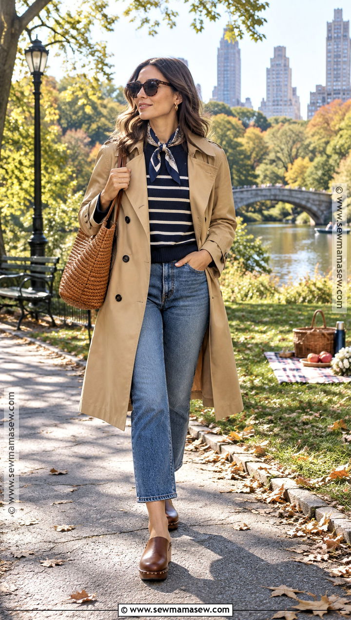 Trench Coat Fall Picnic Outfit With Jeans And Clogs - 20 picnic outfit fall ideas