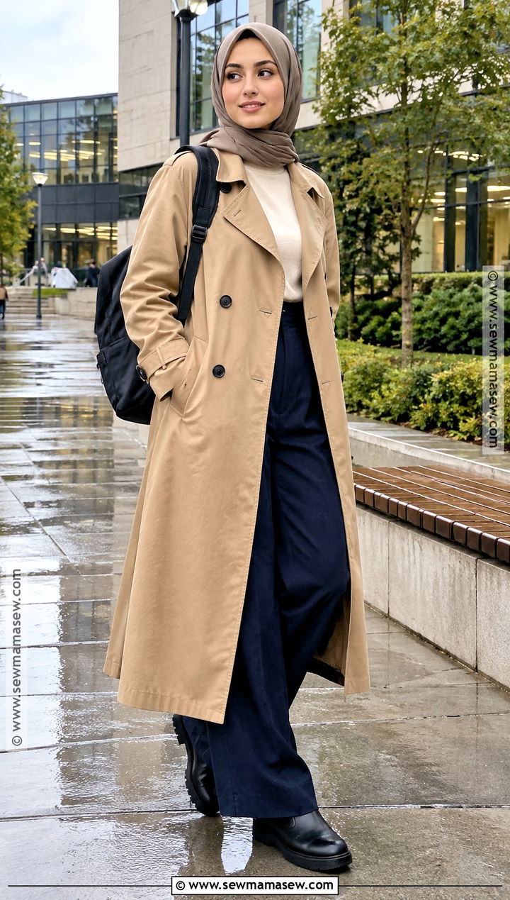 Trench Coat Hijab Outfit With Tailored Pants - 20 back to school hijab outfits