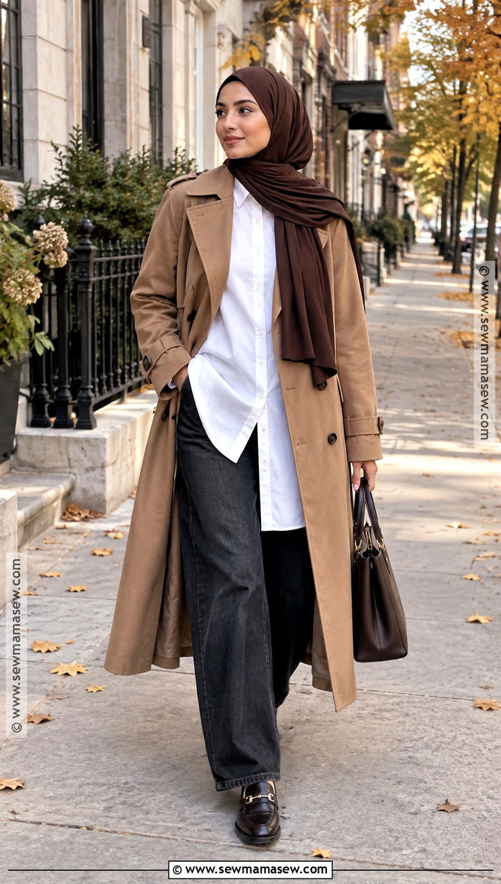 Trench Coat Hijabi Outfit With Wide Leg Jeans - 25 fall hijabi outfits