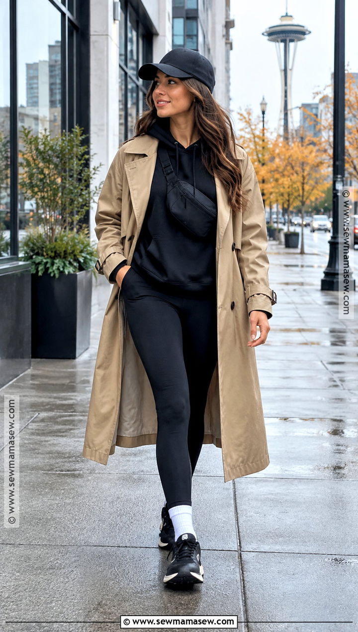 Trench Coat Hoodie And Leggings Seattle Fall Outfit - 20 Fall Seattle Outfits