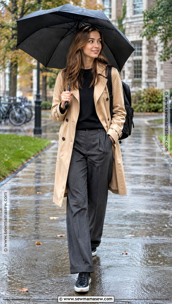 Trench Coat Knit Top And Tailored Trousers Campus Outfit - 15 autumn campus outfits