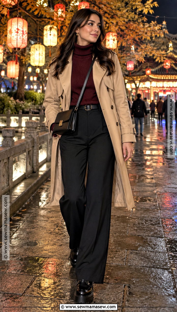 Trench Coat Lantern Festival Outfit With Wide Leg Pants - 15 Lantern Festival Outfit Fall Ideas