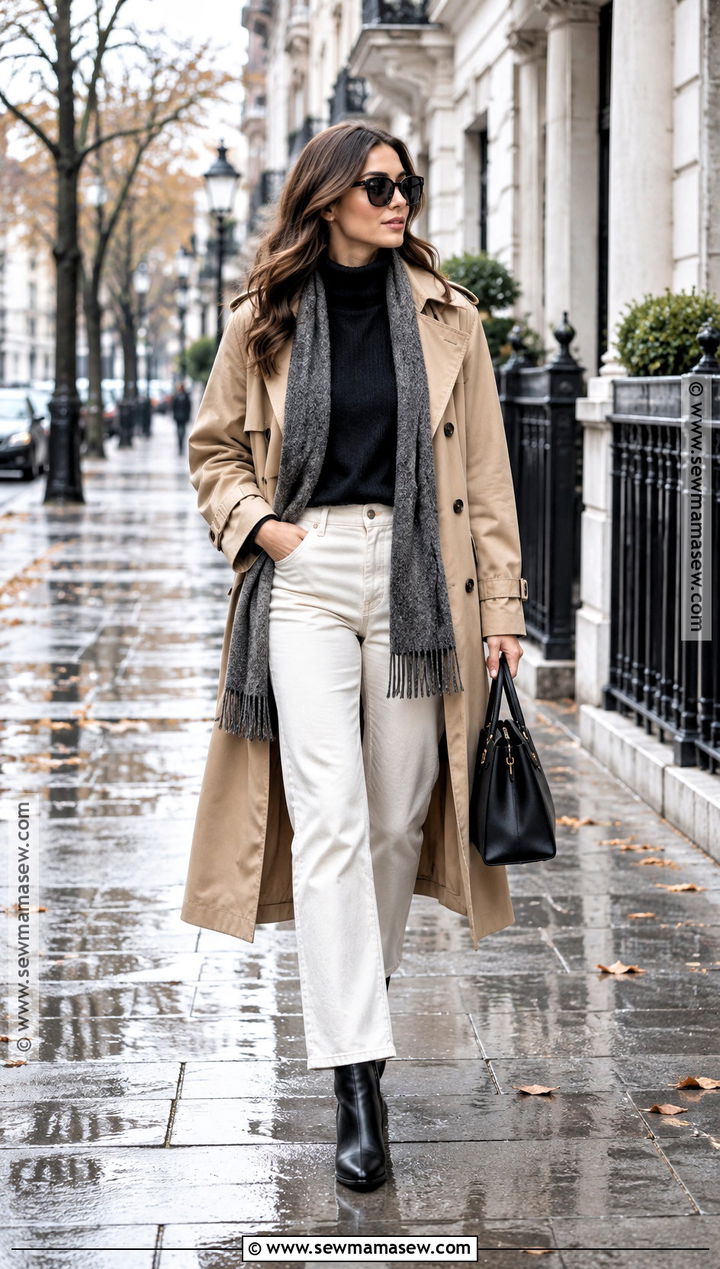 Trench Coat Mock Neck And White Jeans Outfit - 15 november looks