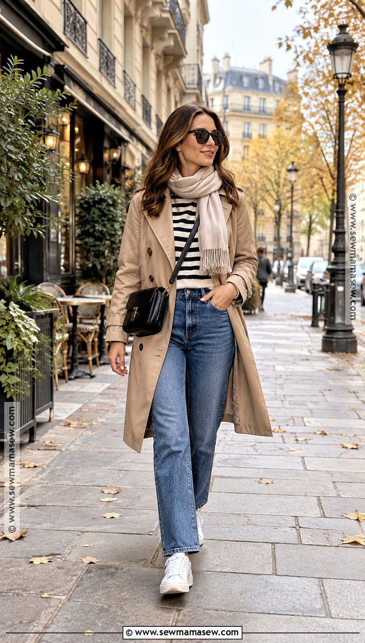 Trench Coat Striped Shirt Jeans And Sneakers - 20 Fall Travel Capsule Wardrobe Europe Ideas