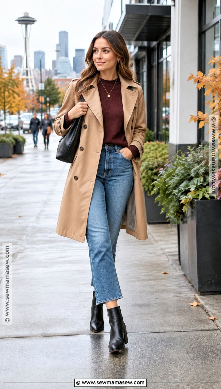 Trench Coat Sweater And Ankle Boots Seattle Fall Outfit - 20 Fall Seattle Outfits