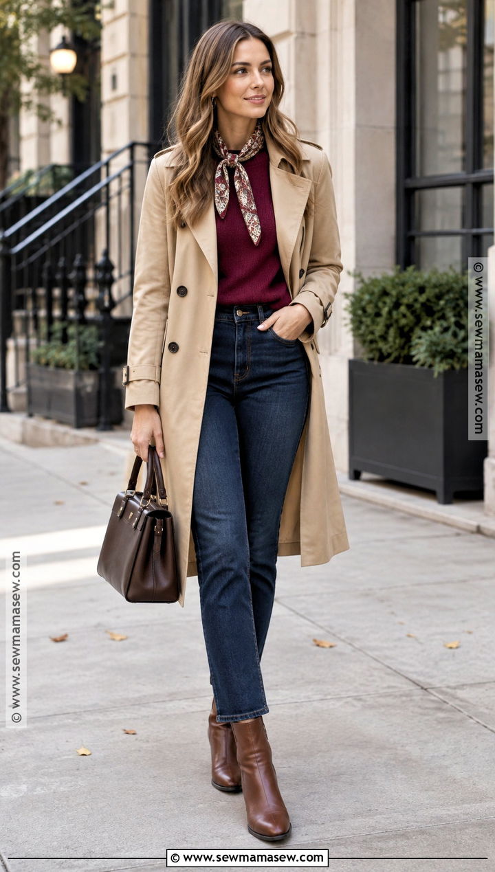 Trench Coat Sweater and Jeans Fall Outfit - 15 budget-friendly fall wardrobe ideas