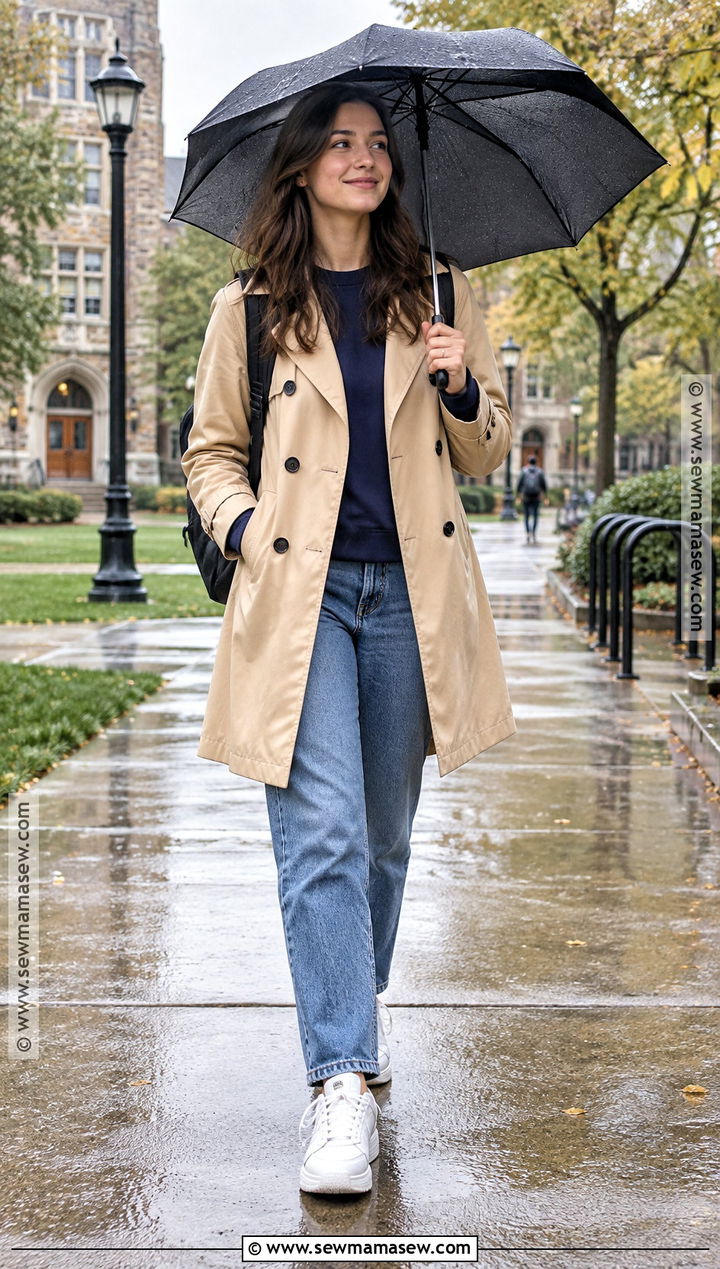Trench Coat Sweatshirt And Jeans School Outfit - 15 casual school fall outfits