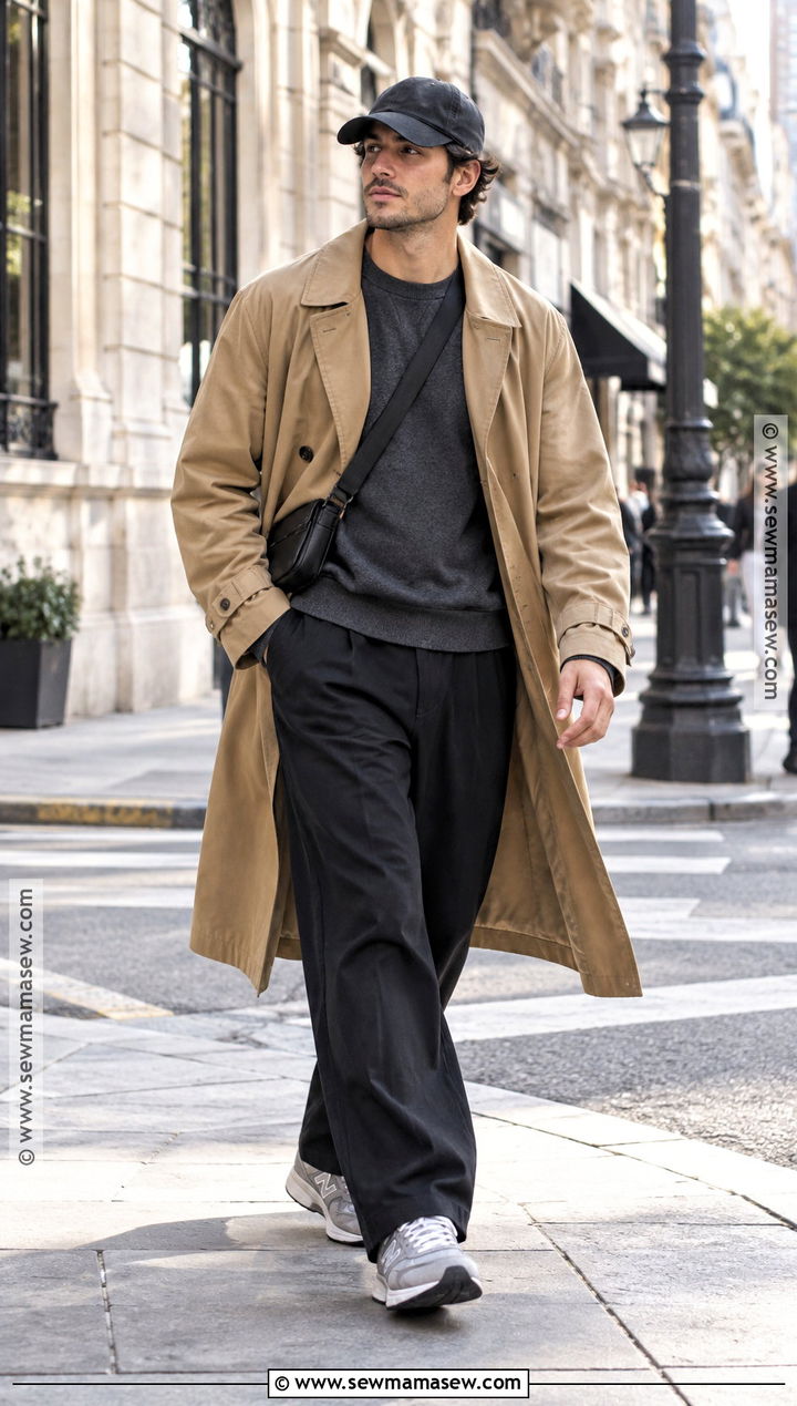 Trench Coat Sweatshirt And Wide Leg Trousers Outfit - 20 men fall outfits casual street style