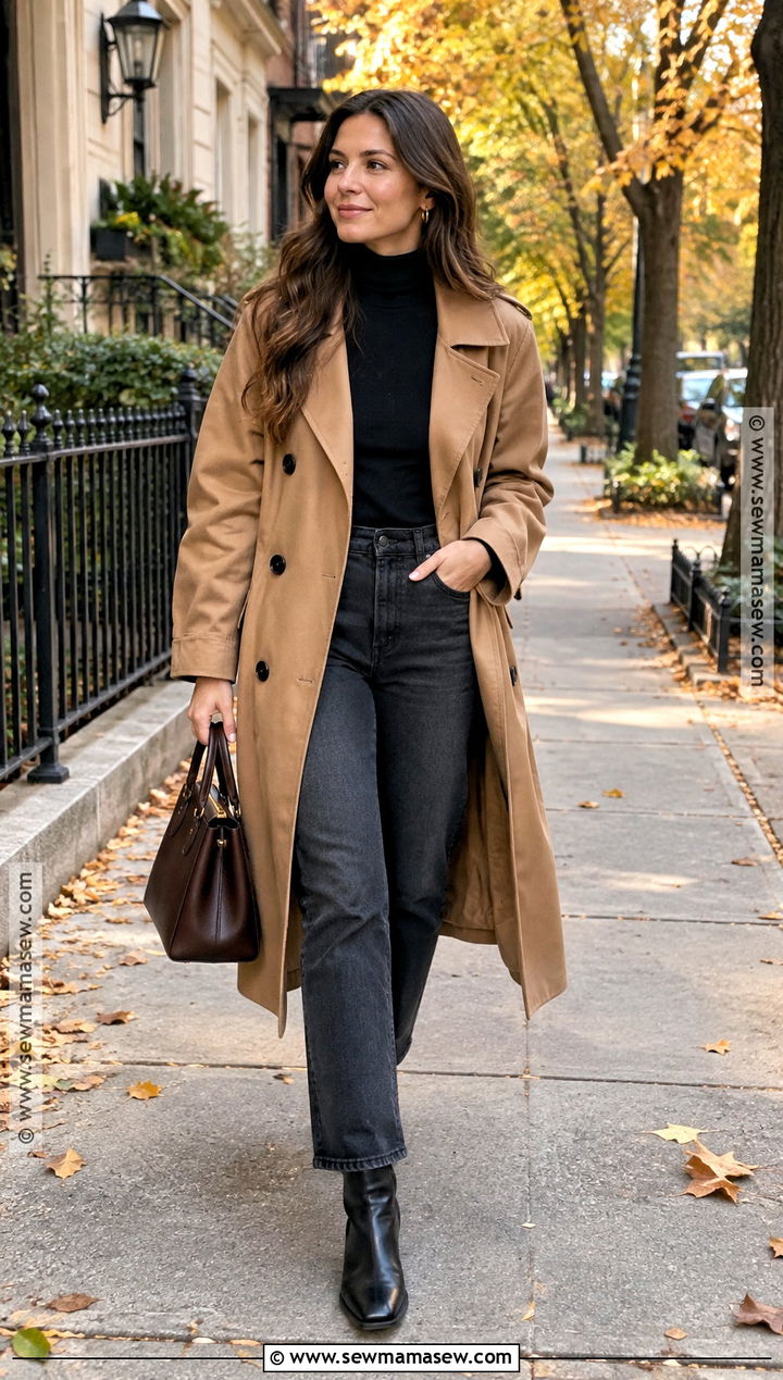 Trench Coat Turtleneck and Jeans Fall Outfit - 15 layer outfits fall