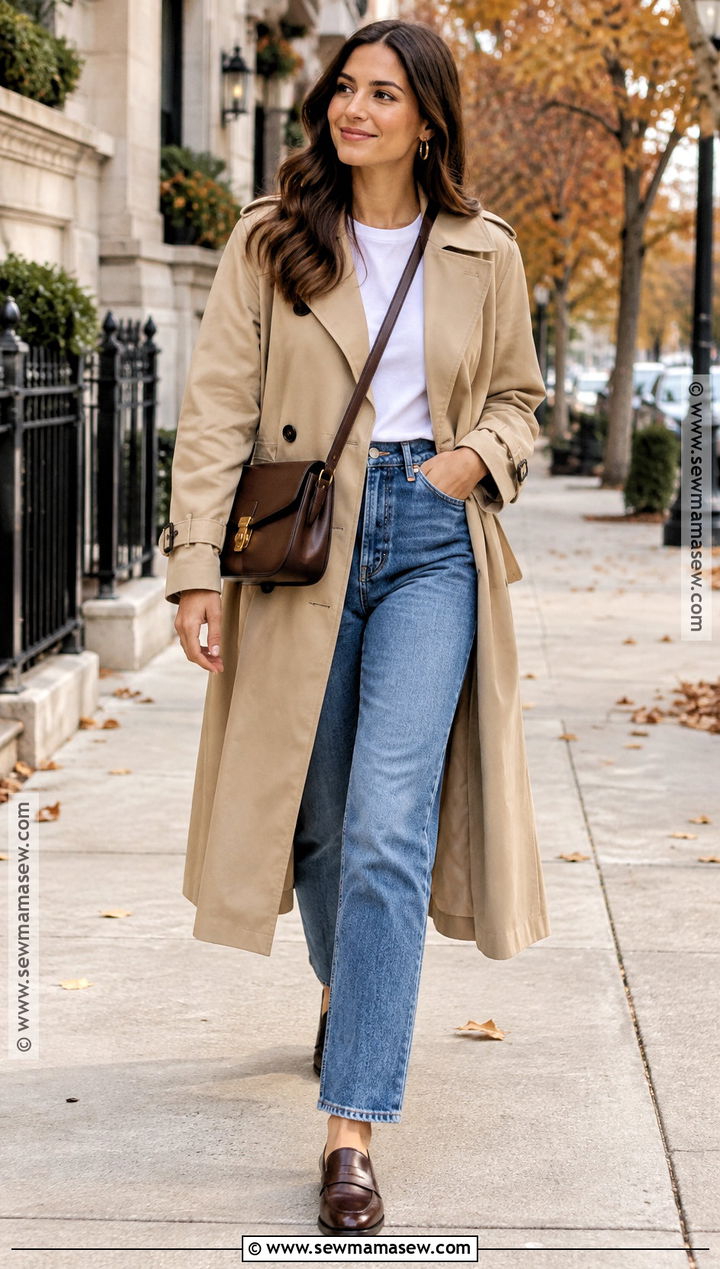 Trench Coat White T Shirt Jeans And Loafers Fall Capsule Outfit - 25 fall capsule wardrobe ideas