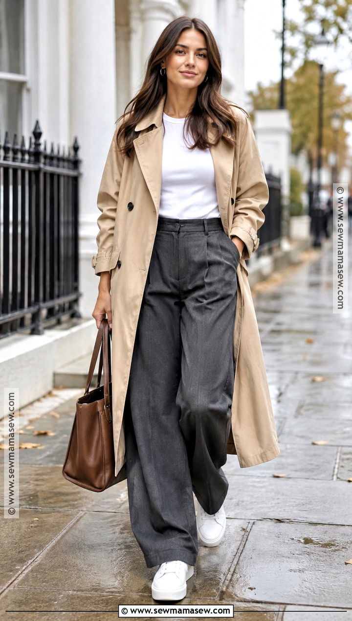 Trench Coat Wide Leg Trousers And Sneakers Autumn Outfit - 15 autumn fashion 2026 uk ideas
